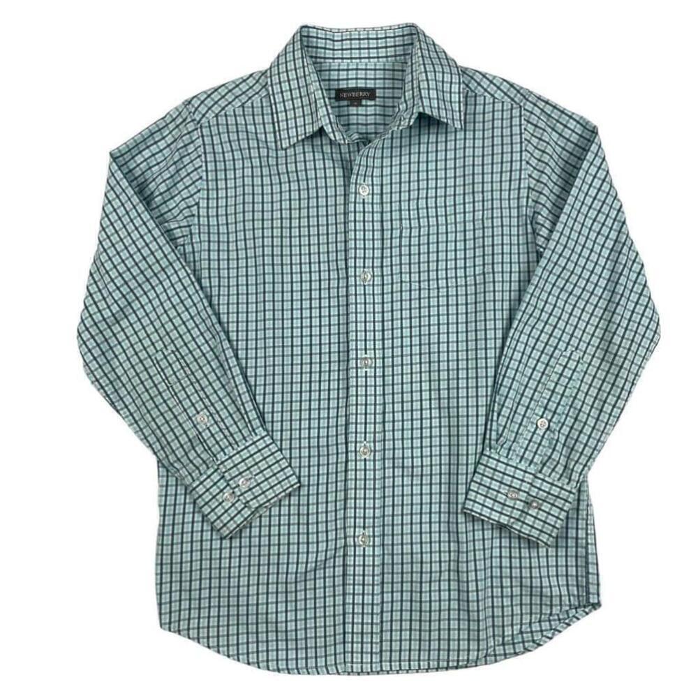 Newberry Shirt Boys Size 10 Green White Plaid Cotton Collar Button Down Casual